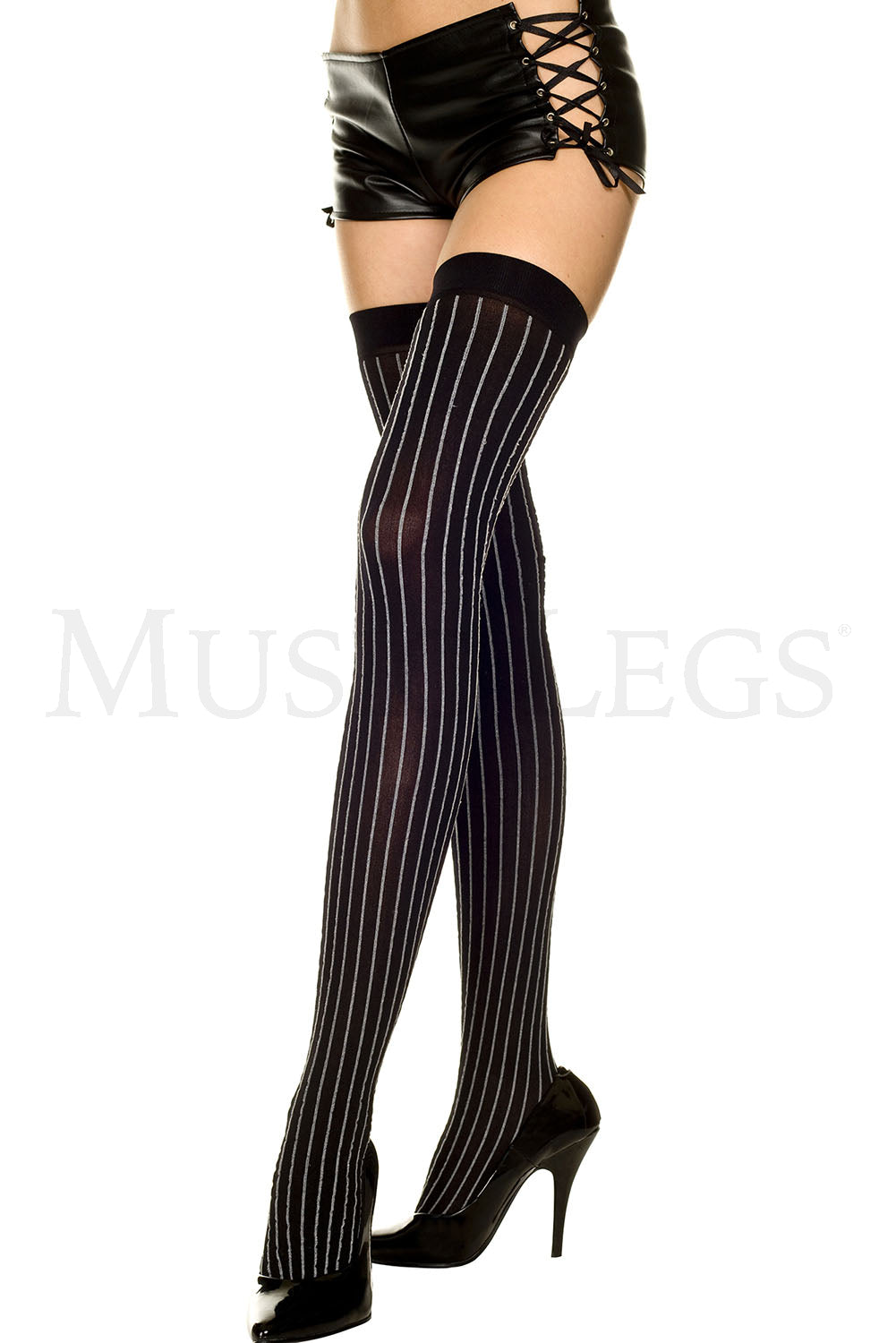Pin striped opaque thigh hi
